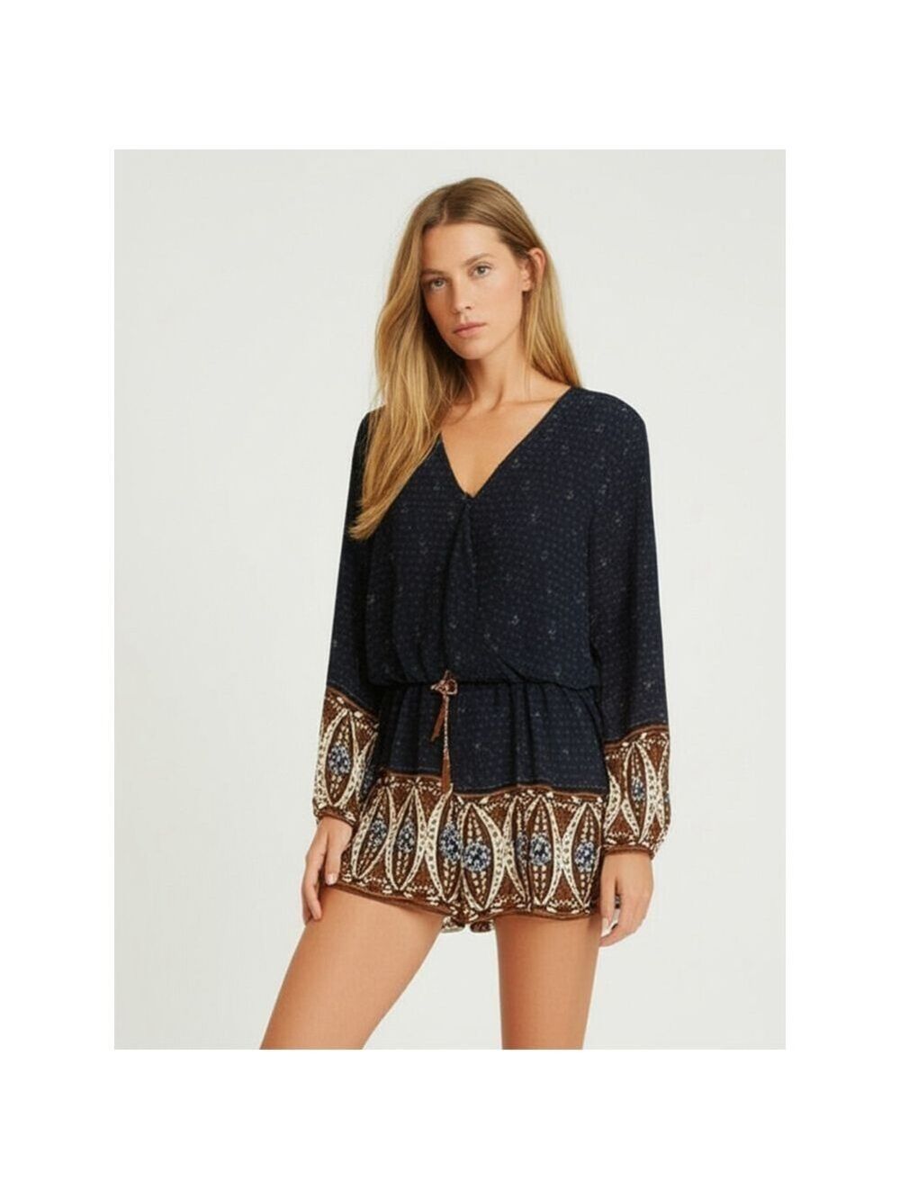 Bohemian Long Sleeved Semi Sheer Lined Romper Size XL Black and Brown